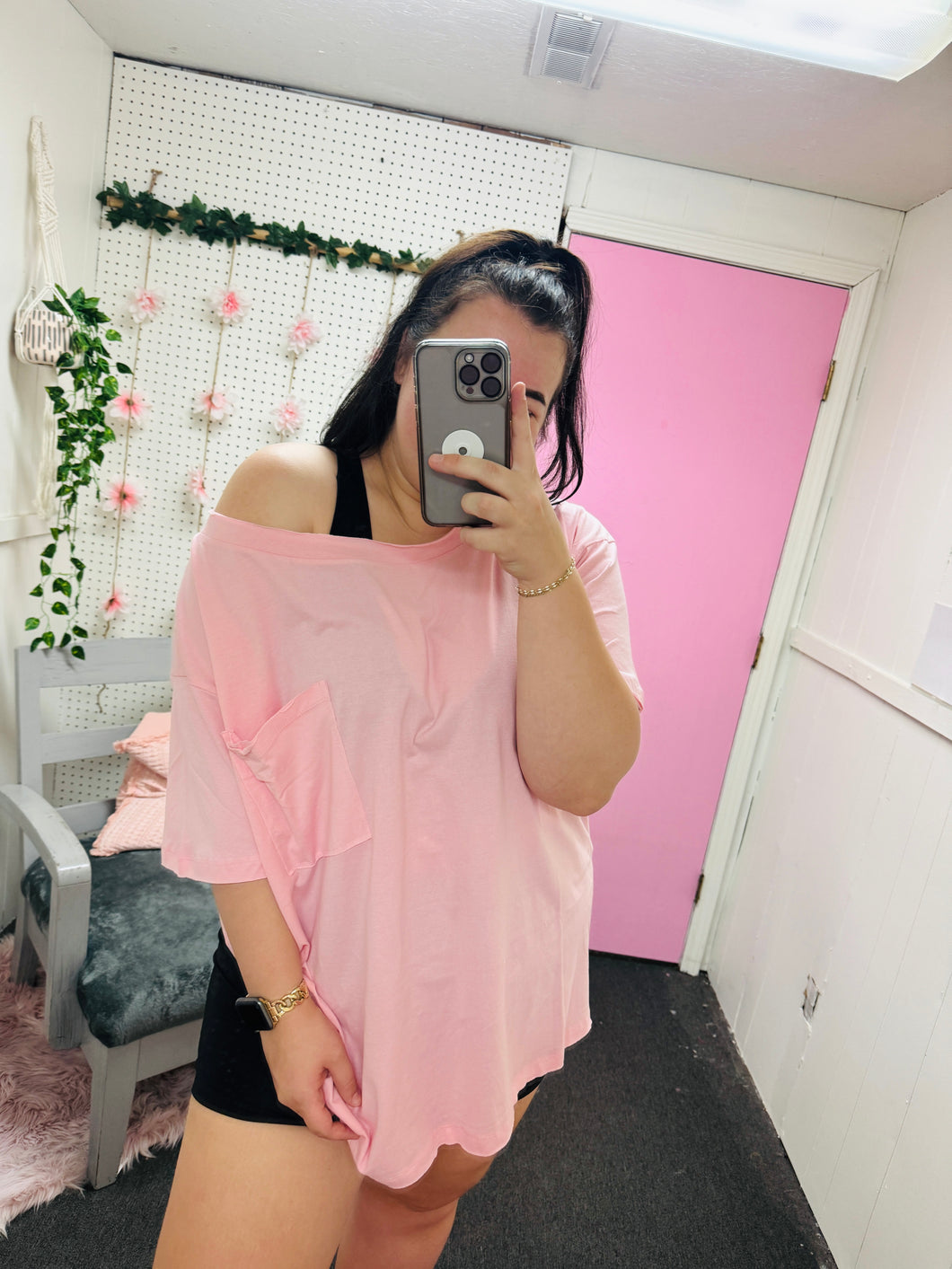 Pink Boat Neck Oversized Tee