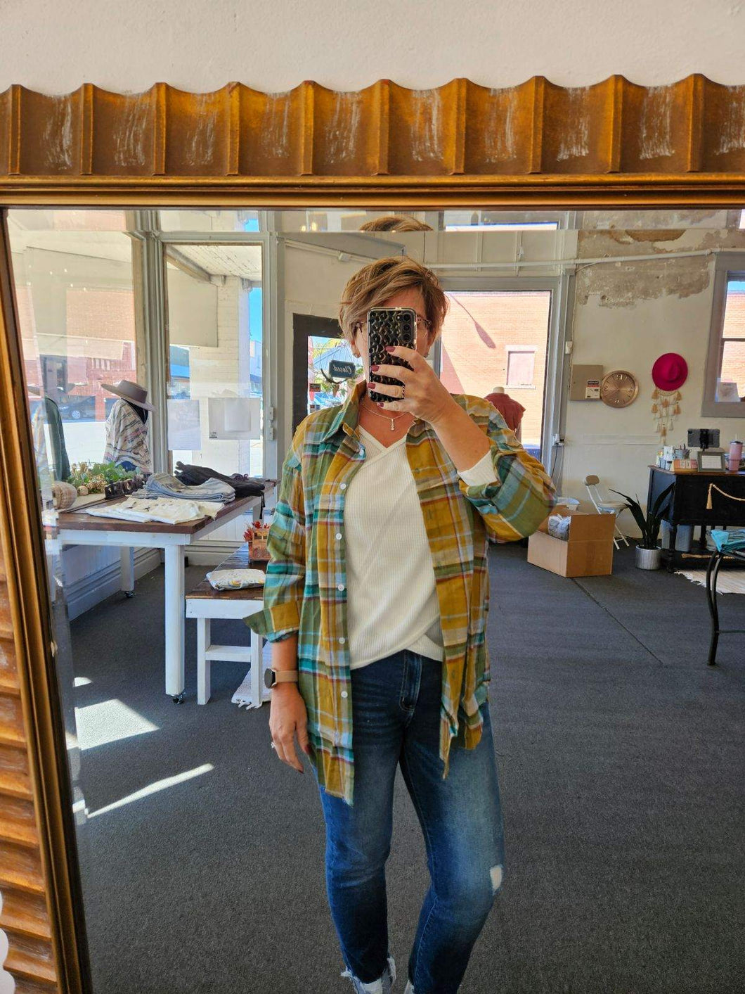 Yellow Distressed Plaid Top
