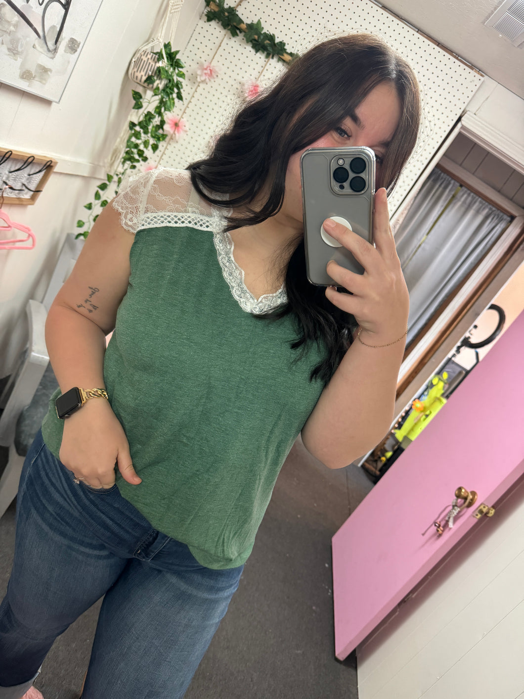Green & Lace Top